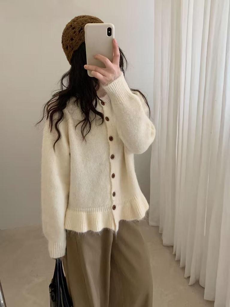 Women's Korean Round Neck Ruffled Hem Cardigan - Soft & Fluffy, Short Style for Early Autumn/Winter
