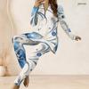 Women Plus Size Two Piece Pants Set Half Zip Neck Long Sleeve Printed Longline Top Fitted Pants Black White