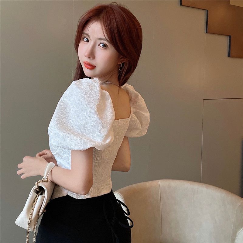 Retro White Square Neck Bubble Sleeve Irregular Short Shirt Women's Summer Unique Top