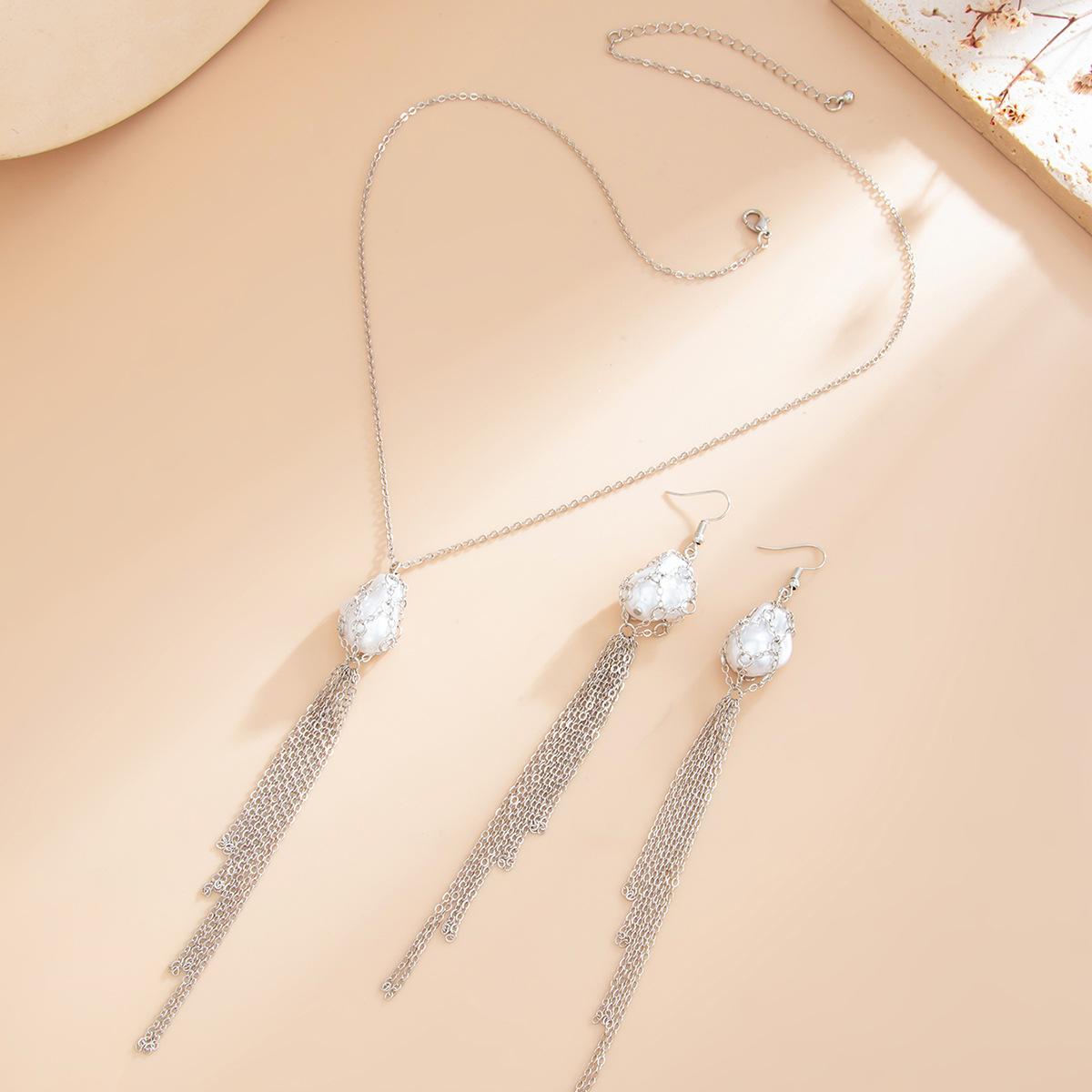 

Boho Imitation Pearl Pendant Necklace Drop Earrings Women Long Tassel Chain Jewelry Accessory серебряный