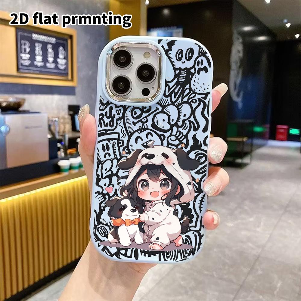 Phone case: 2D flat design suitable for iPhone 18 17 16 15 14 13 Pro protective case, couple style, chibi girl, Christmas and Halloween gift