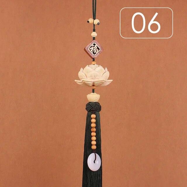 Chinese Style Lucky Fu Wooden Carved Lotus Buddha Statue Pendant Creative Gift Home Car Hanging Accessories Decor Auto Interior