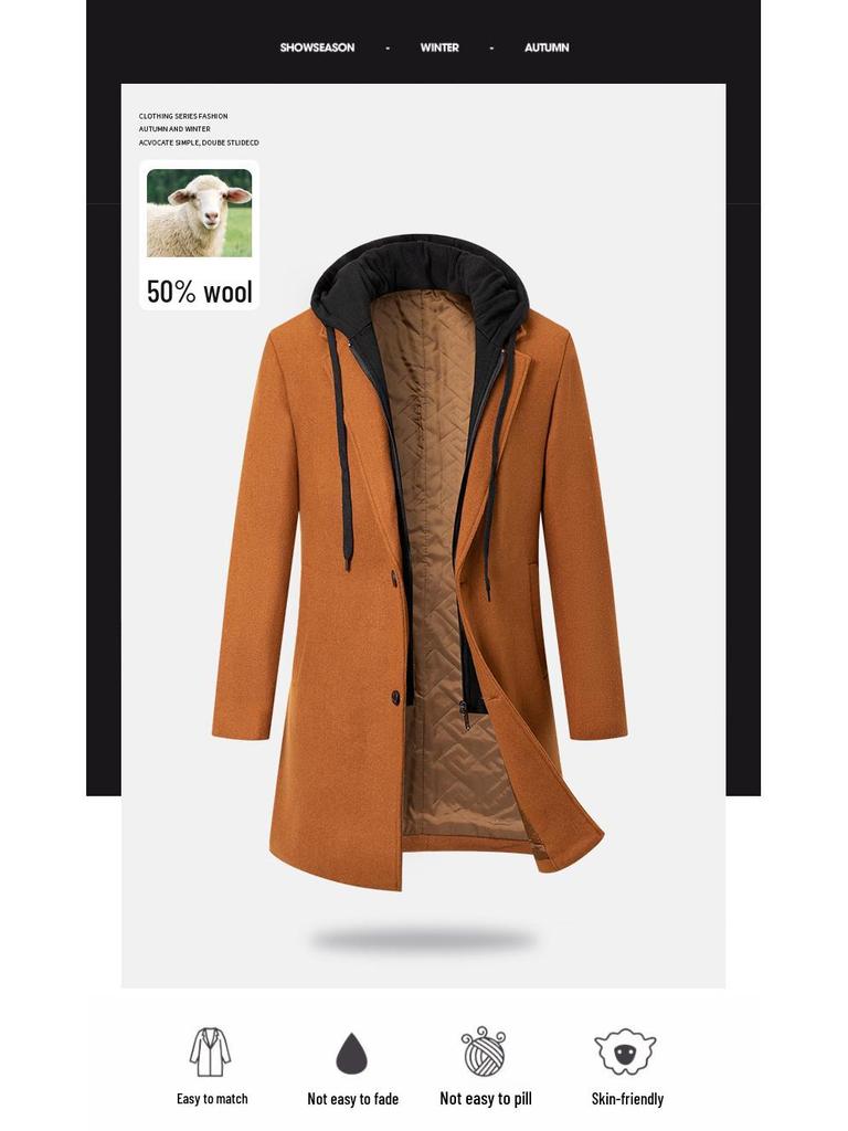 Men's Hooded Mid-Length Woolen Fashion Coat