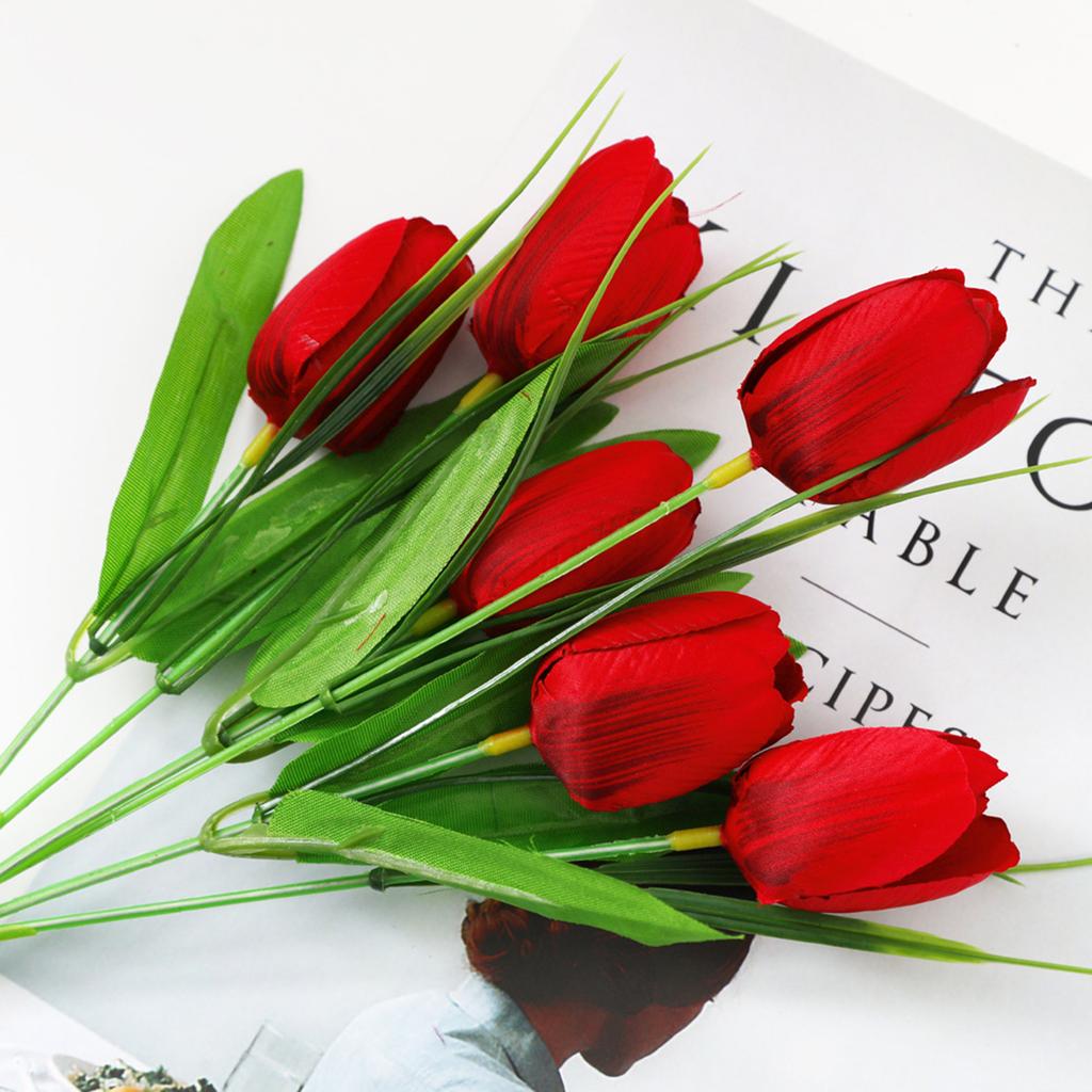 Artificial Flower Bouquet with Stem Vivid 6 Heads Fake Silk Flowers Arrangement for Wedding Home Kitchen Decor Dark Red