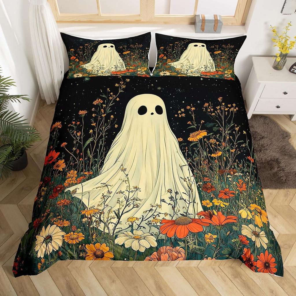 Cute Floral Ghost Duvet Cover Twin King For Boys Girls Room Decor Halloween Theme Bedding Set Boho Flower Print Comforter Cover