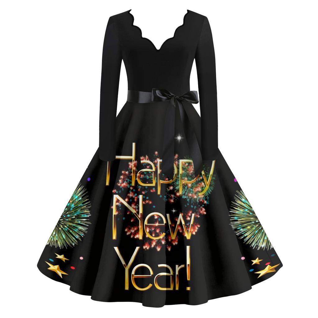 Dámské ležérní módní novoroční potištěné šaty s výstřihem do V ve vintage stylu