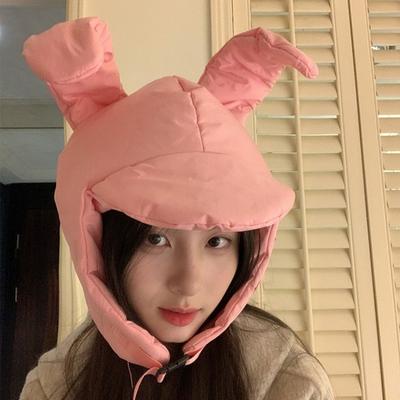 Down Women's Winter Cute Warm Hat Pink Rabbit Ears Cycling Windproof Bag Head Ear Protection Hat