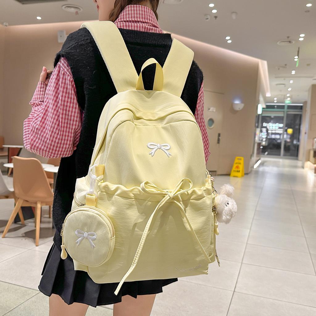 Schoolbag Korean Version Solid Color Backpack Girls Simple Large Capacity Bow Student Schoolbag Fashionable Versatile Casual Backpack