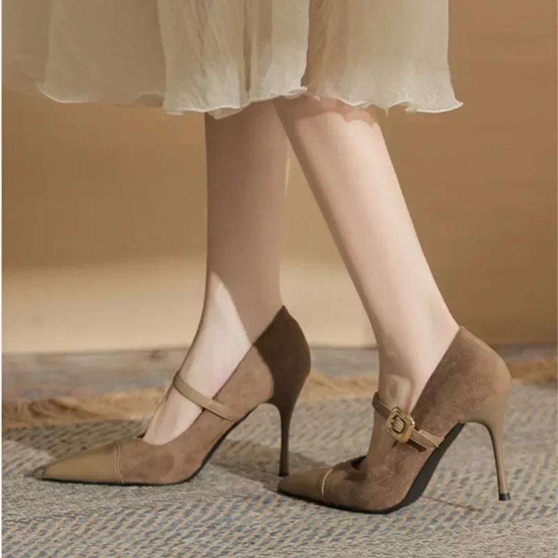 Fashion Sexy Pointed Toe Thin High Heels Women Leather Covered Toe Design Women Pumps Metal Belt Buckle Women's Elegant High Heel Shoes