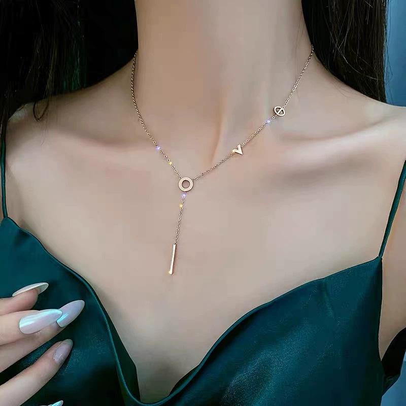 Elegant Korean-Style Titanium Steel Necklace with 'Love' Letter Tassel for Women