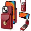 For iPhone 15 Card Slot Phone Case PU Leather Coated TPU Zipper Pocket Kickstand Cover with Shoulder Strap