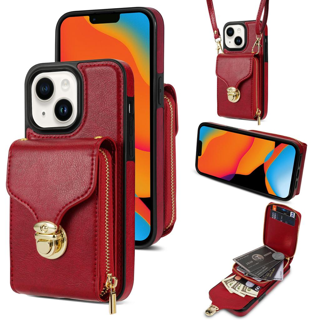 For iPhone 15 Card Slot Phone Case PU Leather Coated TPU Zipper Pocket Kickstand Cover with Shoulder Strap