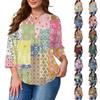 Plus Size Womens Casual Loose Fit V Neck Printed Blouse with Buttons Three Quarter Sleeve Relaxed Fit Top for Daily Wear