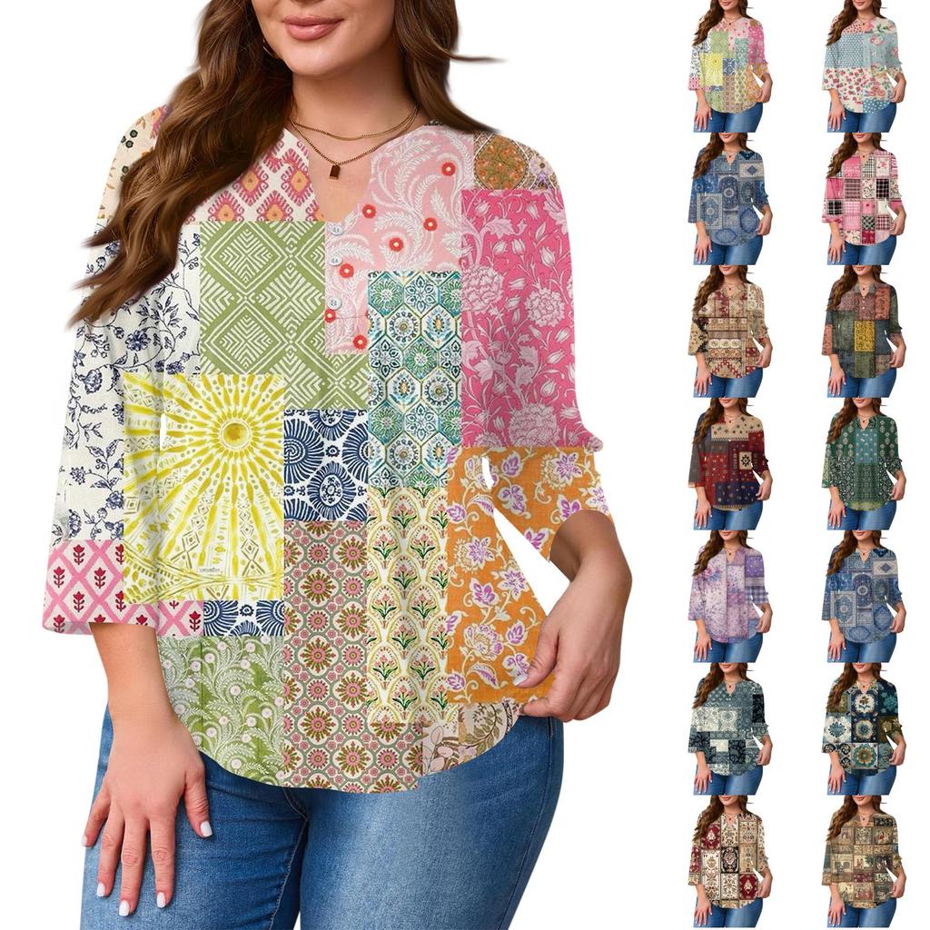 Plus Size Womens Casual Loose Fit V Neck Printed Blouse with Buttons Three Quarter Sleeve Relaxed Fit Top for Daily Wear