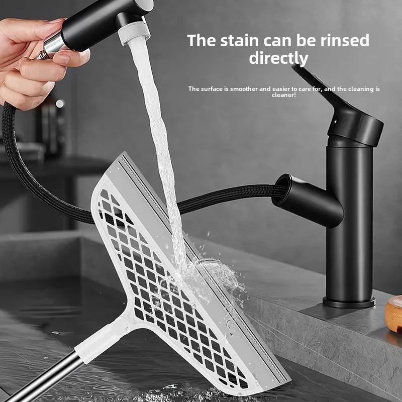 Long Handle Silicone Broom Waterproof Floor Scraper Pet Hair Catcher Multi Surface Cleaner for Bath Kitchen Hardwood Tiles