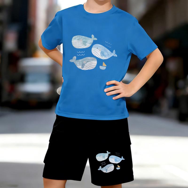 Boys 2 Piece Cartoon Whale Printed Outfit, Short Sleeve T-Shirt and Shorts Set for Kids Age 5-14,Black,White Sporty Casual Summer Clothes