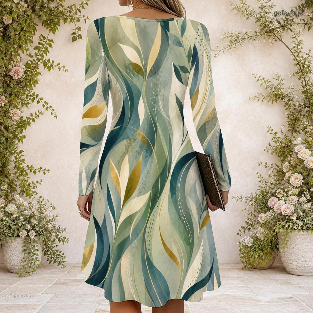 Women Criss Cross V Neck Long Sleeve Tropical Leaf Printed Fitted Curved Hem Dress