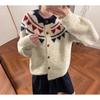 Vintage Contrast Geometric Crew Neck Single-Breasted Shoulder Long Sleeve Wool Blended Knitted Jacket Casual Top