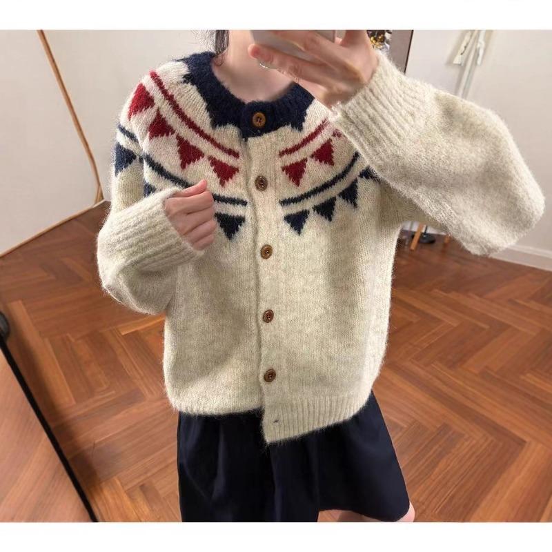 Vintage Contrast Geometric Crew Neck Single-Breasted Shoulder Long Sleeve Wool Blended Knitted Jacket Casual Top