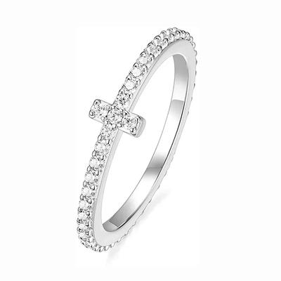 Trumium Women's Ring White Gold Plated Cross-Shaped Full Circle Zircon-Set Copper Ring Stackable Engagement Silver Ring 2mm