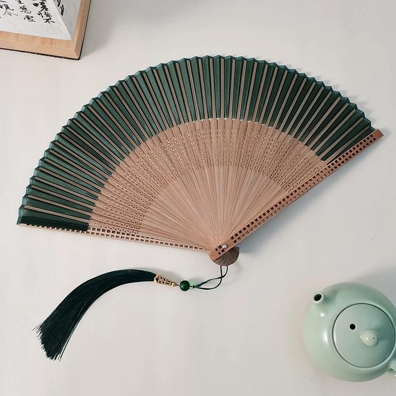 Classical Green Hollowed-Out Fan with Ancient Style, New Chinese-Style Dressing Gown Fan, Chinese-Style Bamboo Folding Fan, Portable