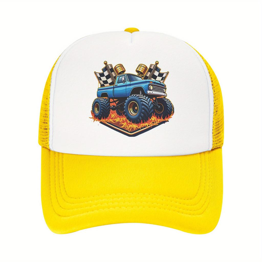 Boné Trucker com Chamas de Monster Truck e Bandeiras Quadriculadas, Tela Respirável, Boné de Basebol para Fãs de Automobilismo