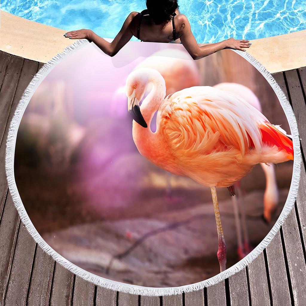 Tropical Flamingo Print Round Beach Towel, Hawaiian Beach Blanket Sand Free Quick Dry Hippie Boho Circle Bath Towel Yoga Mat