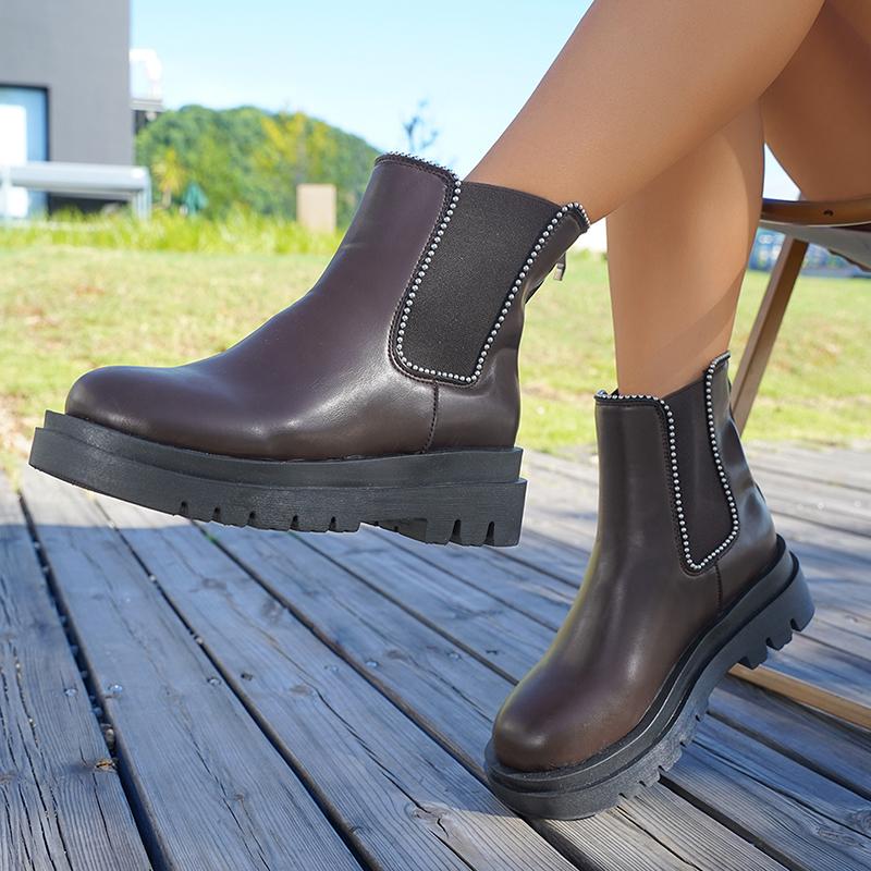 Metal Decoration Thick Sole Chelsea Boots Women Comfort Slip On Platform Ankle Booties Mujer Plus Size Pu Leather Boots Woman 42
