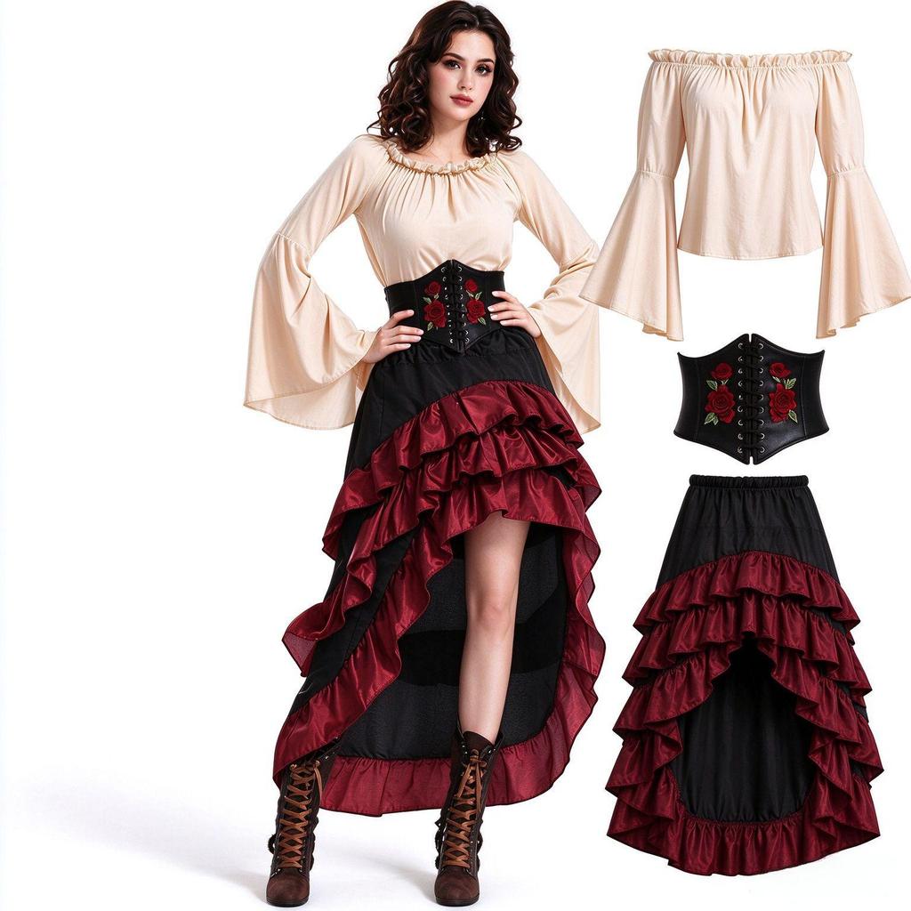 Abito Corsetto Arricciato Gonna Pirata - Costume Medievale di Halloween, Personalizzabile