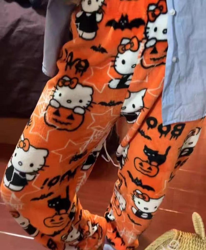 Cartoon KT Cat Christmas Flannel Pajama Pants for Women - Cozy Autumn/Winter Kitty Fleece Sleepwear