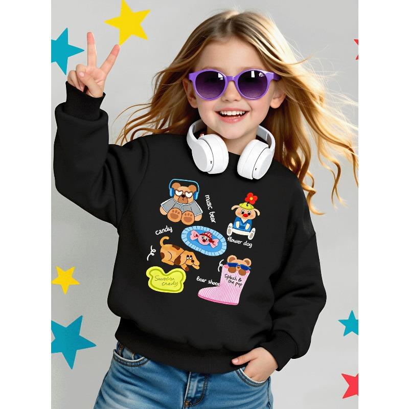 European sizes Girls Soft Crewneck Sweatshirt Cute Animal Characters with Fun Accessories, Casual All-Match, Ideal Holiday Present