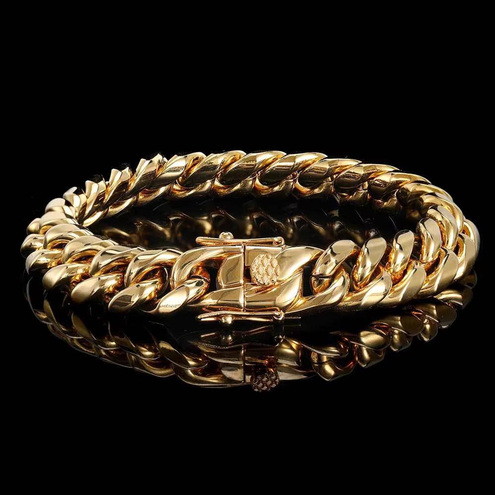 Tarnish Resistant 316L Stainless Steel Cuban Link Bracelet with Box Clasp Gold Silver Hip Hop Curb Chain Jewelry for Men