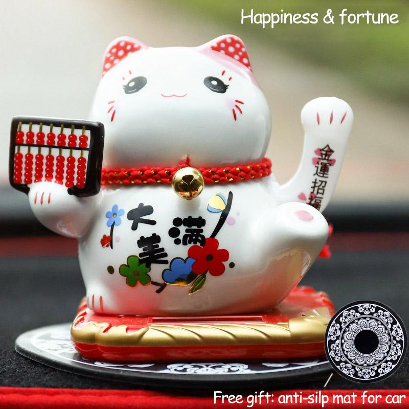 Gatto Fortunato Ceramica Alimentato a Energia Solare Maneki Neko Braccio Ondulante Gatto che Invita la Fortuna con Tappetino Auto Decorazione Scrivania Fascino Regalo