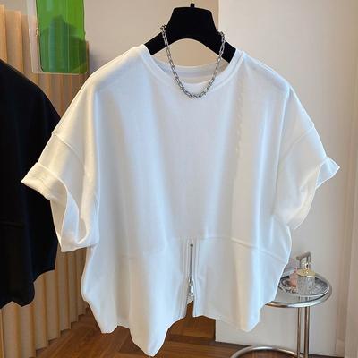 Women Summer Design Zipper Loose T-shirts Streetwear Casual Simple O-neck Korean Style Students