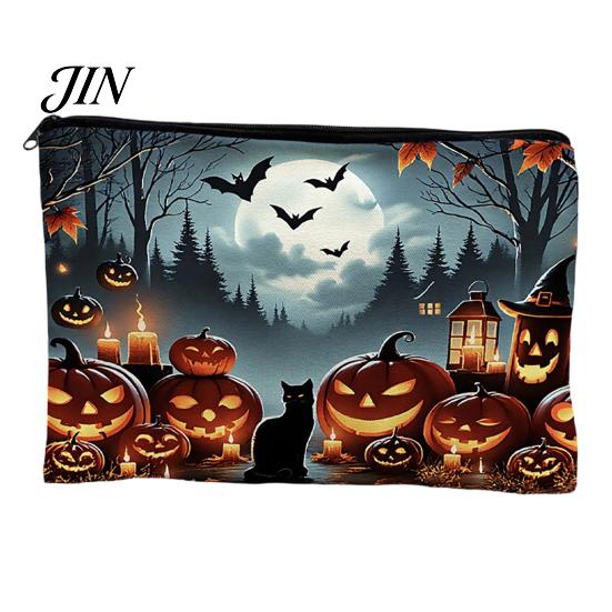 Witch Pumpkin Pattern Bag Storage Bag, with Smooth Zipper, Thickened Polyester Large Capacity Cosmetic Halloween Printed Pouch Reusable
