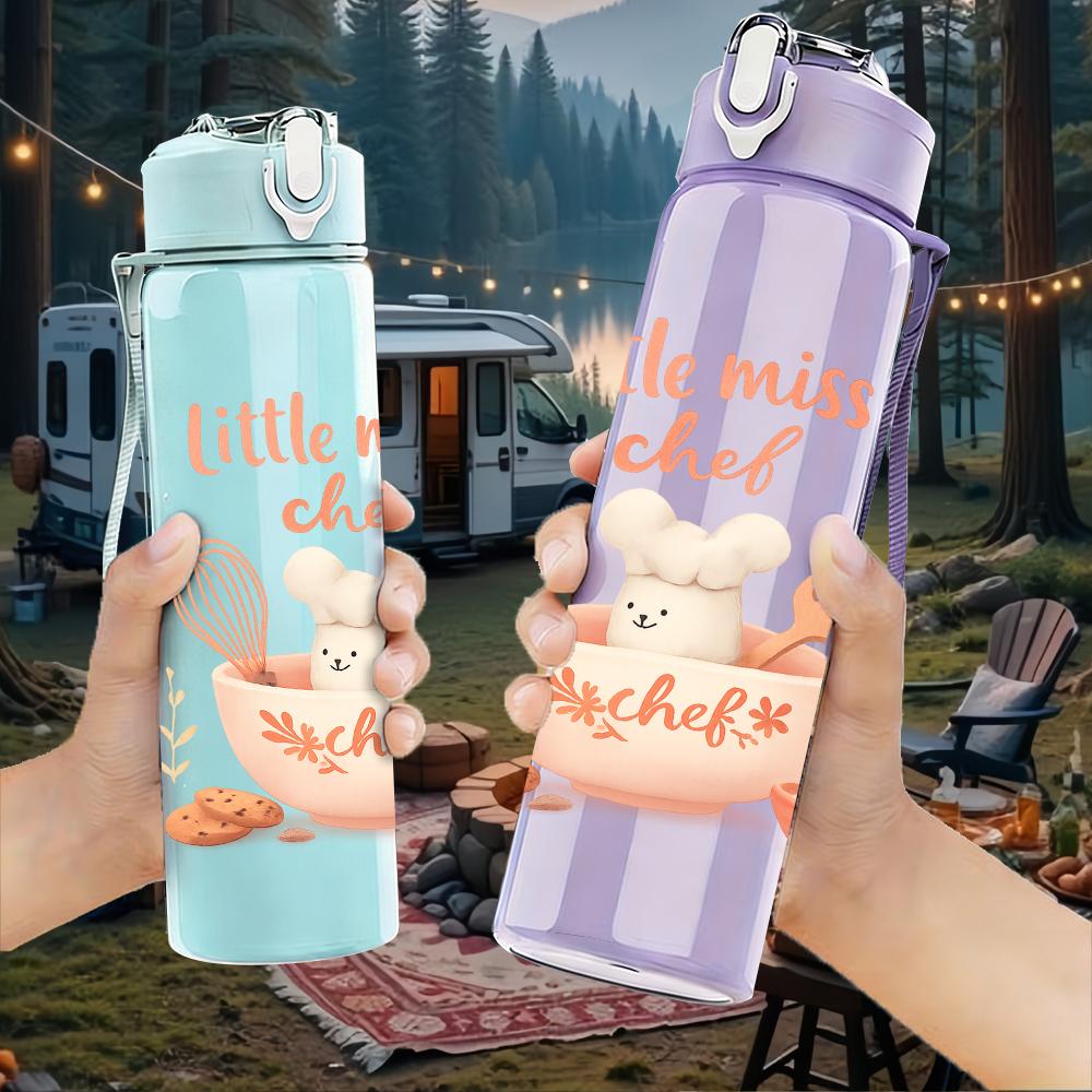 1PC Little Miss Chef Letter Graphic 750ml Color Plastic Sports Water Bottle Leakproof Flip Straw Lid For Sports Office Home Use