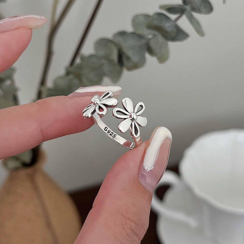 S925 Sterling Silver Open Flower Ring - Women's Versatile Korean Retro Design
