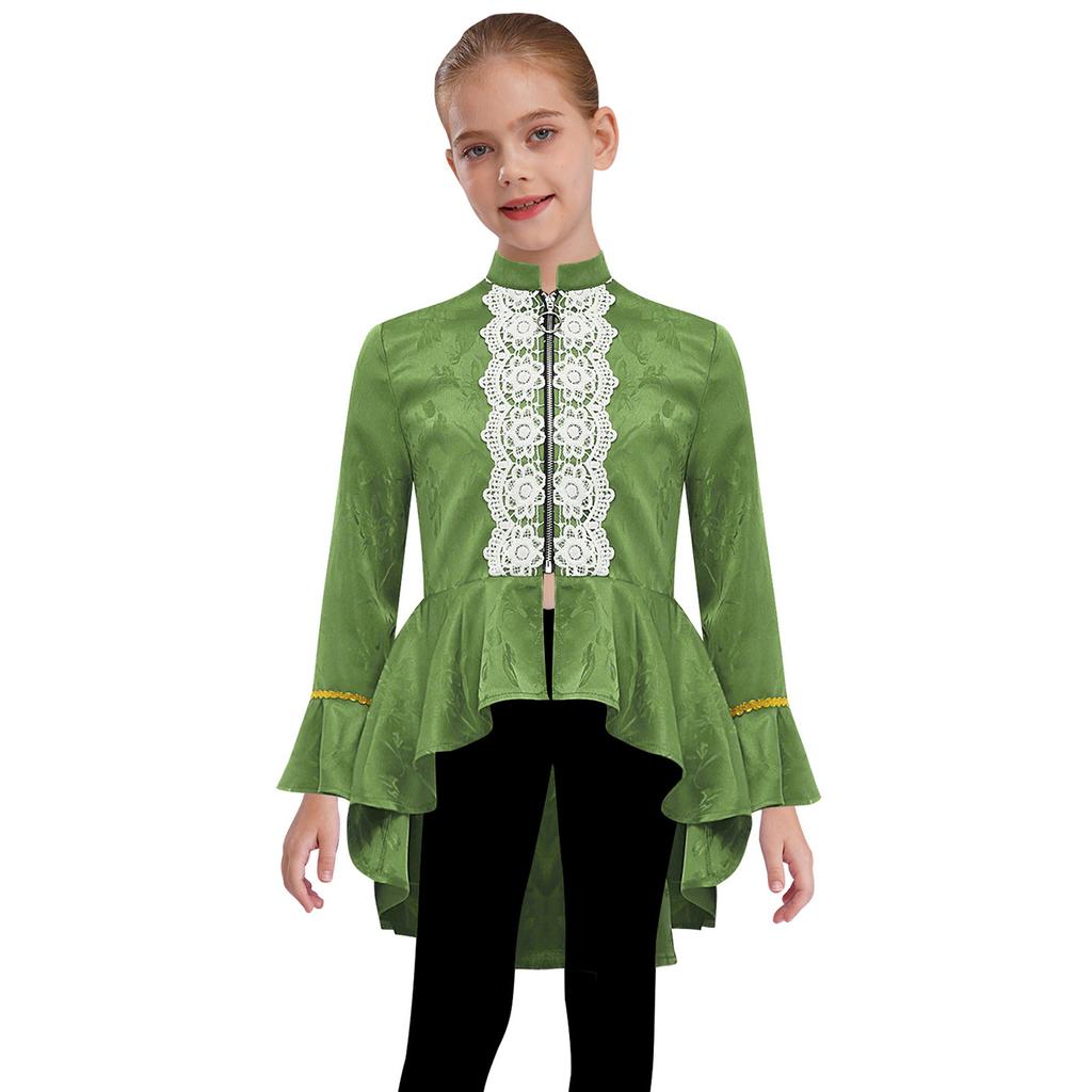 Girls Medieval Renaissance Costume Long Sleeves Lace Flounce Jacket Victorian Tailcoat Pirate Gothic Steampunk Outfit