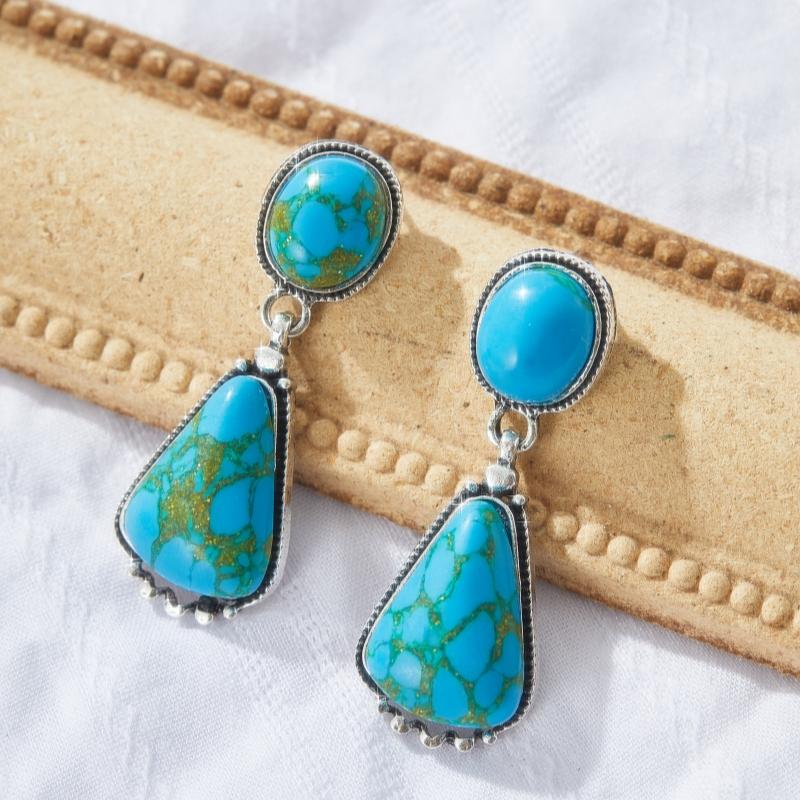 Bohemian Vintage Inlaid Imitation Turquoise Geometric Pendant Earrings for Women Fashion Exquisite Party Zircon Gifts