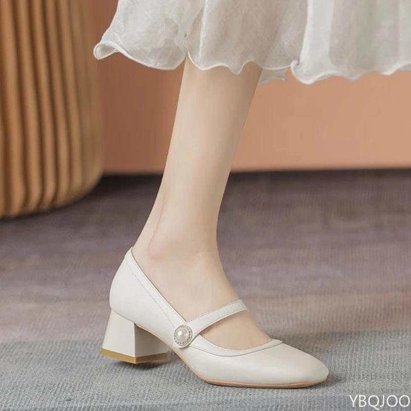 New versatile Women's high heel French soft leather thick heel Shoes Fashion square toe shoes Elegant Comfort ladies pumps Mujer