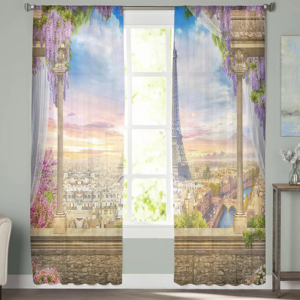 Paris Terrace Scenery Tulle Curtains for Bedroom Hall Living Room Decor Chiffon Curtain for Balcony Kitchen Home Drapes