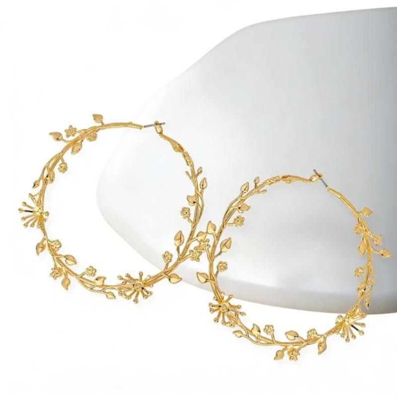 Exaggerated Hoop Earrings For Women Leaf Flower Gold Color Big Circle Earrings Vintage Trend Women'S Jewelry Gift