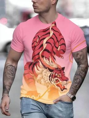Men's 3D Animated Tiger Full-Print T-Shirt - Korean Animation Style Short Sleeve Round Neck