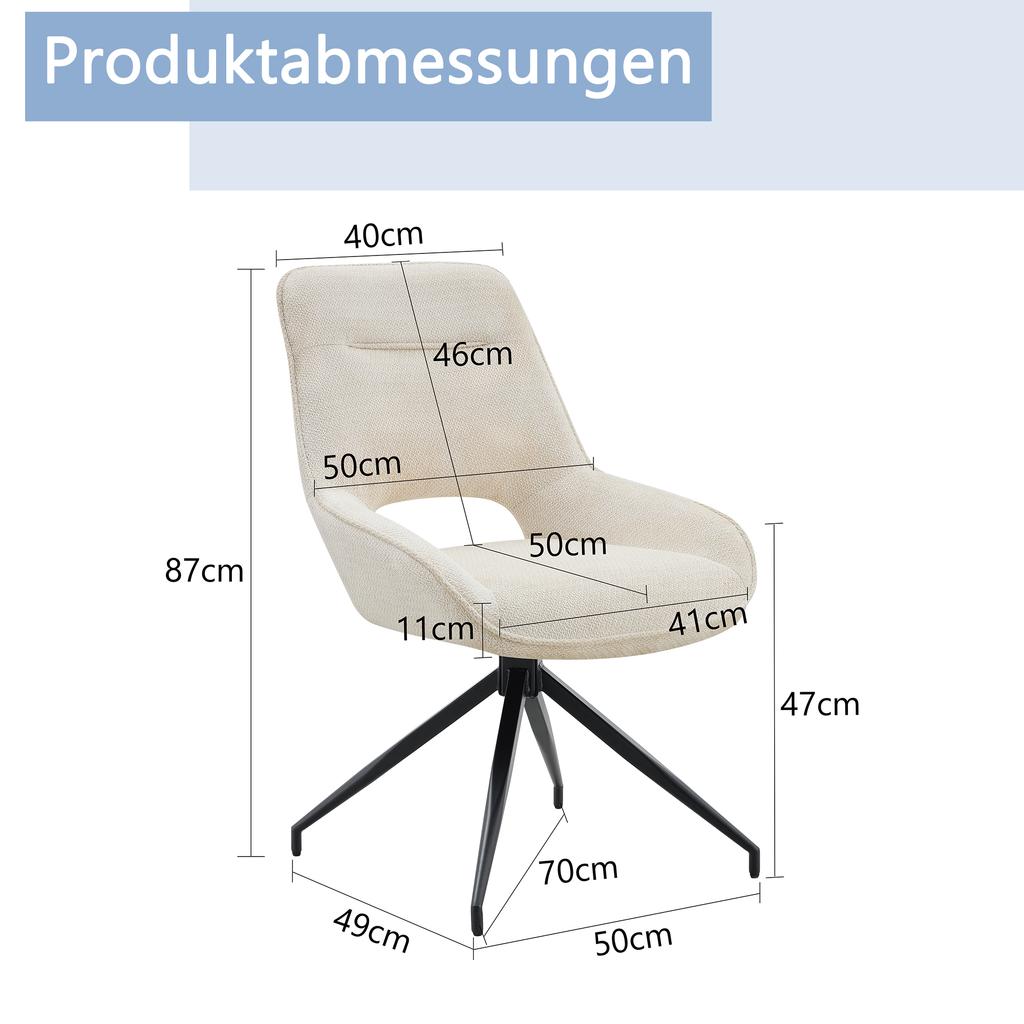 [Set of 2] 360° Swivel Dining Chair with White Fabric Cover: Black Lacquered Metal Frame with Four Legs, Suitable for Modern Dining Areas.