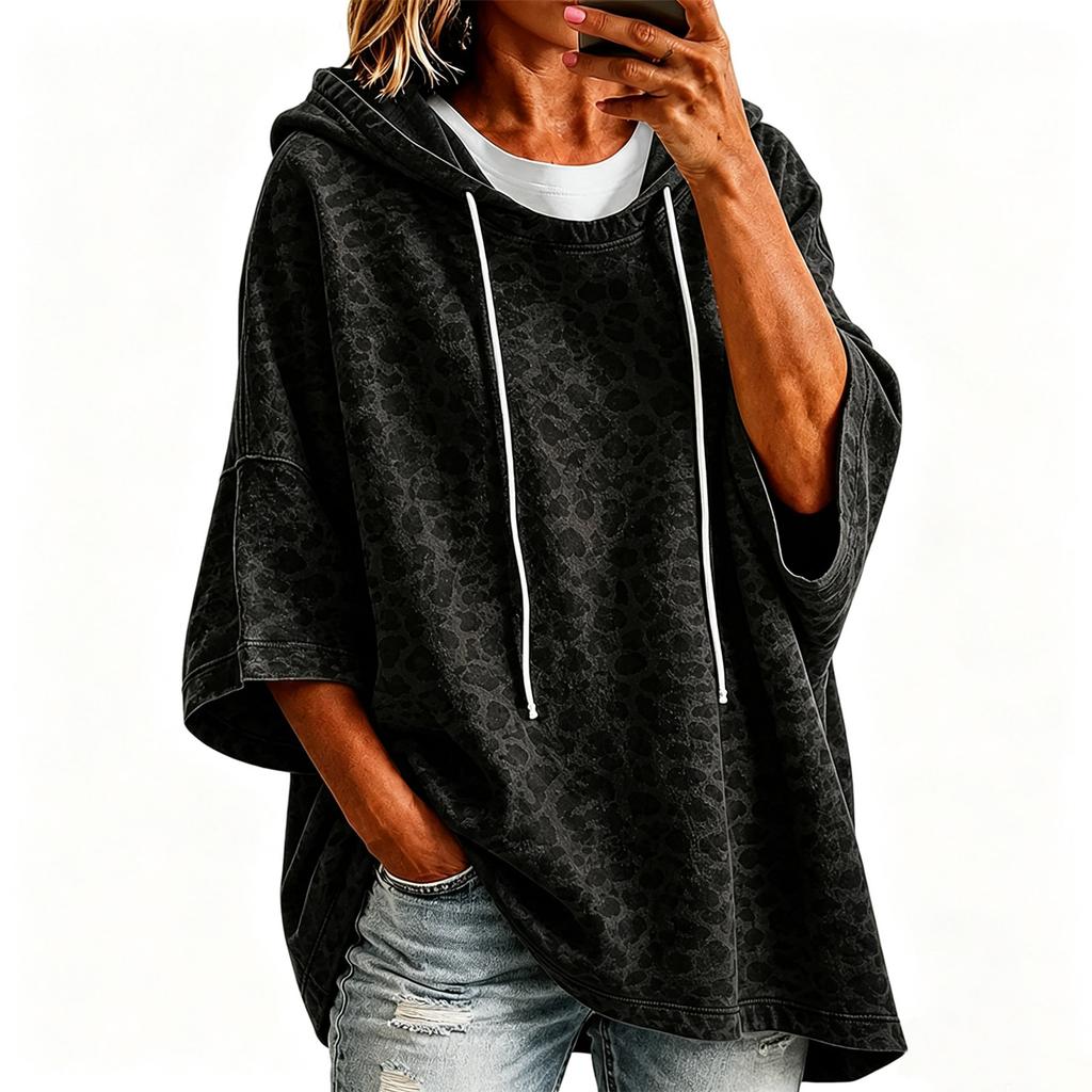 Damen Casual Sweatshirt mit Leopardenmuster und Dreiviertelärm, lockere Passform, Pullover Top