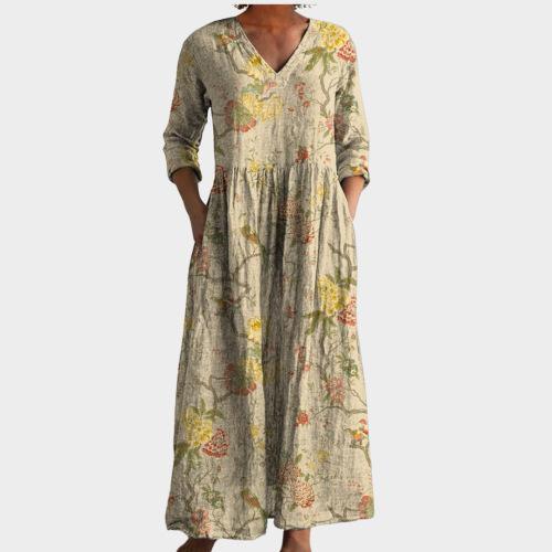 Ladies Light Gray Washed V-neck Seven-quarter Sleeve Long Dress Hem Flower Embroidery Loose Pleated Side Holiday Dress