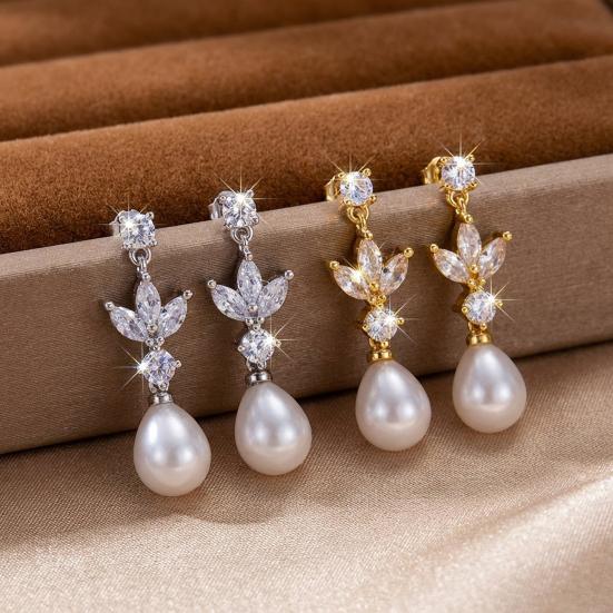 1 Paar Hängeohrringe Imitation Perle Zirkonia Kamelien-Design Anhängerohrringe Braut Hochzeitsohrringe Schmuck Geschenk