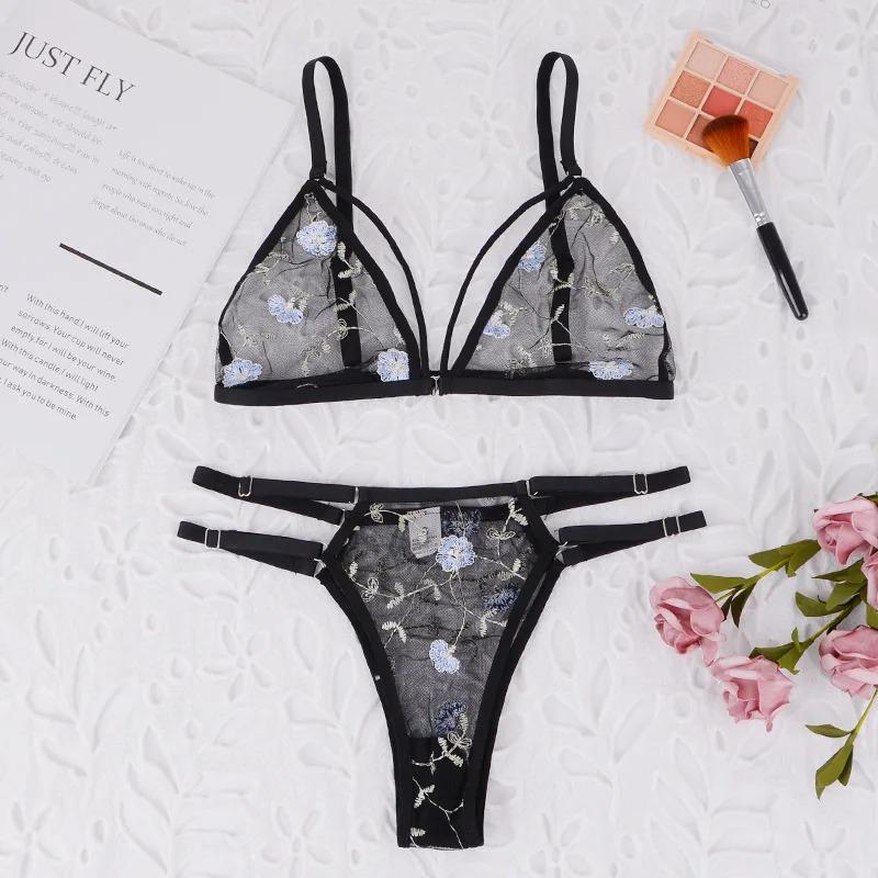 Women's Bra Set Women Three-point Transparent Sexy Lingerie Floral Embroidery Underwear Women Set Lace Spicy Underwear Kits