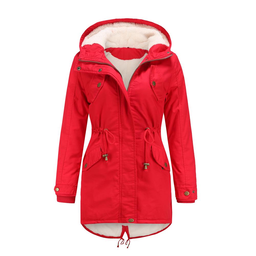 European Size Autumn and Winter New Women's Cotton Coat Women's Solid Color Hooded Parka Coat Thick Cotton Coat Fleece-lined Cotton Coat