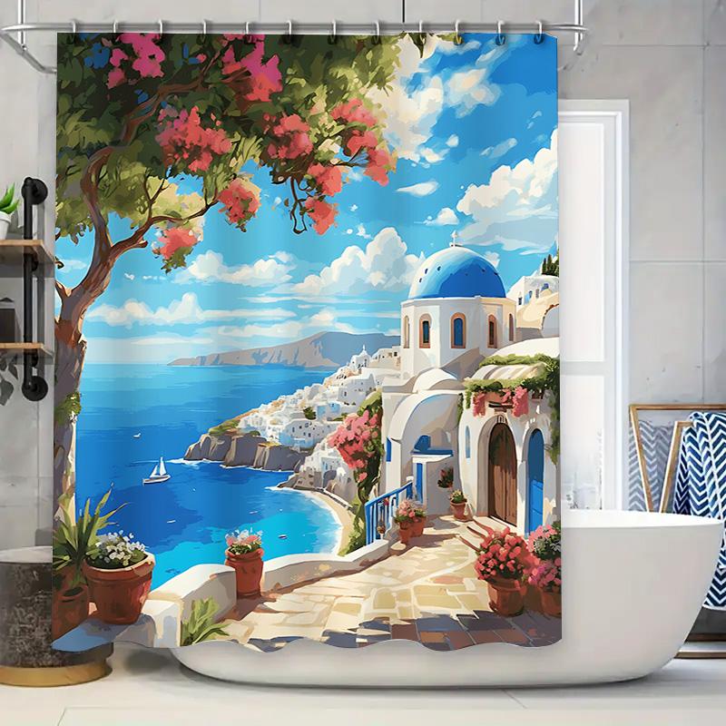 

Breathtaking Santorini Seascape Blue Church Flowers Mediterranean Style Bath Curtain Waterproof Mildew Resistant Elevate Space W60H190(CM)-1 Pcs
